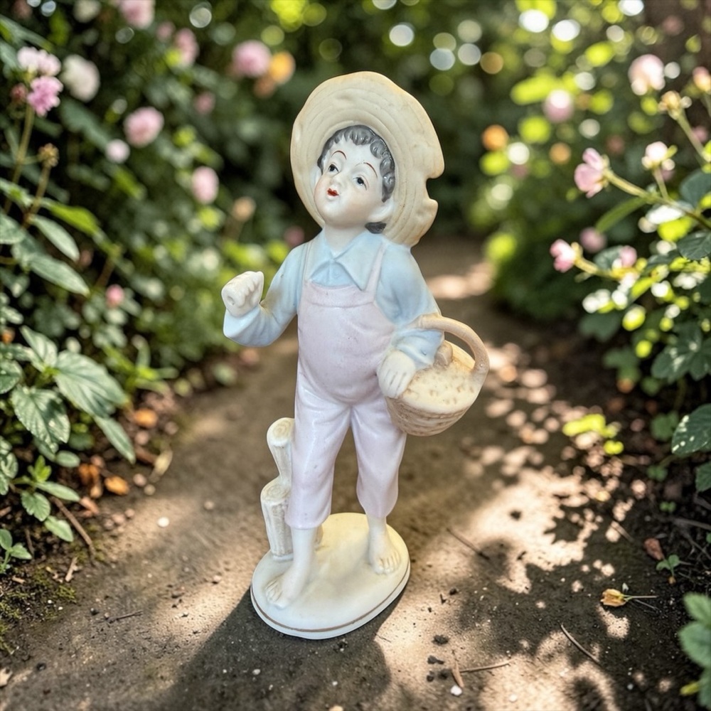 Vintage Ucagco Japan Bisque Porcelain Boy Fisherman Figurine 7"